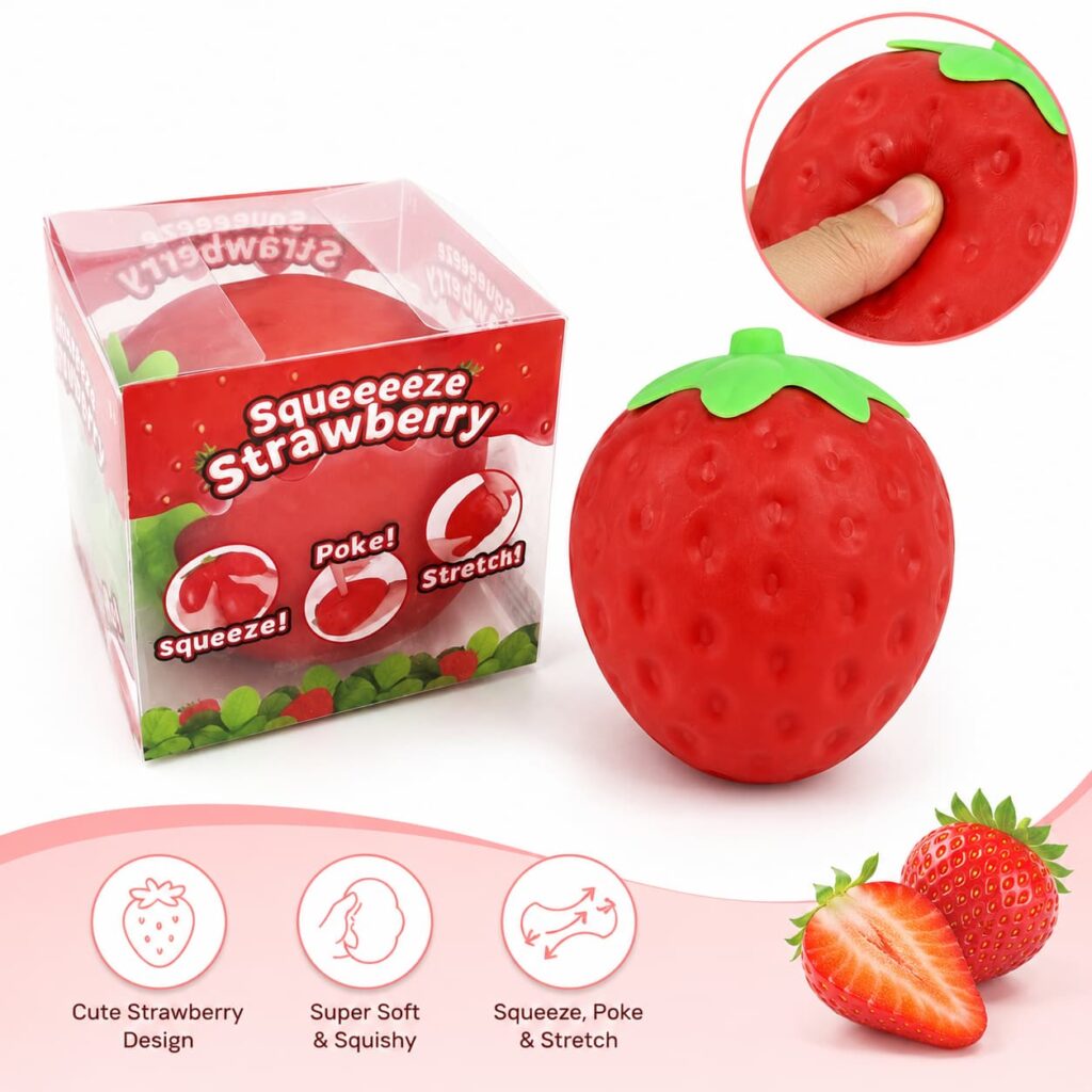 Strawberry Squishy Toy is a cute and soft sensory toy designed for stress relief, relaxation and fun. Made from high-quality soft PU material, this strawberry shaped squishy toy features a realistic fruit design and comfortable hand feeling. It is suitable for toy wholesalers, gift shops, retailers and online sellers. We provide OEM and ODM services, including custom colors, logo printing and customized packaging. Bulk orders are welcome. Product Features: • Cute strawberry fruit design • Soft and slow rising texture • Comfortable squeeze feeling • Suitable for sensory toys and stress relief • Custom packaging available • Factory direct wholesale supply Material: PU Foam Product Type: Squishy Toy / Sensory Toy Usage: Stress Relief, Gift, Party Favor, Toy Store, Online Retail