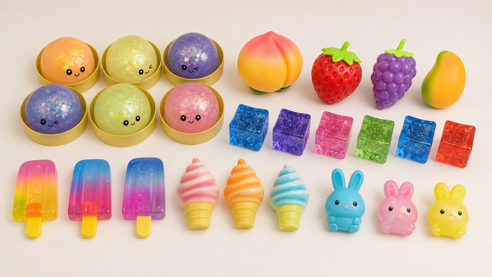 Custom squishy toy product range including bun toys fruit shapes cubes and dessert toys