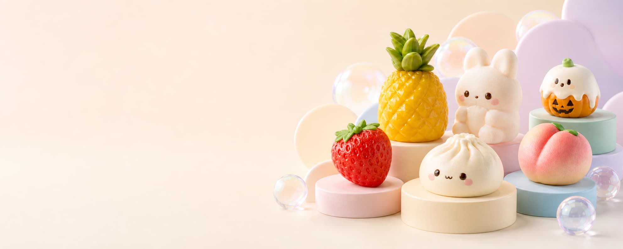 Assorted pastel squishy toys arranged for wholesale display