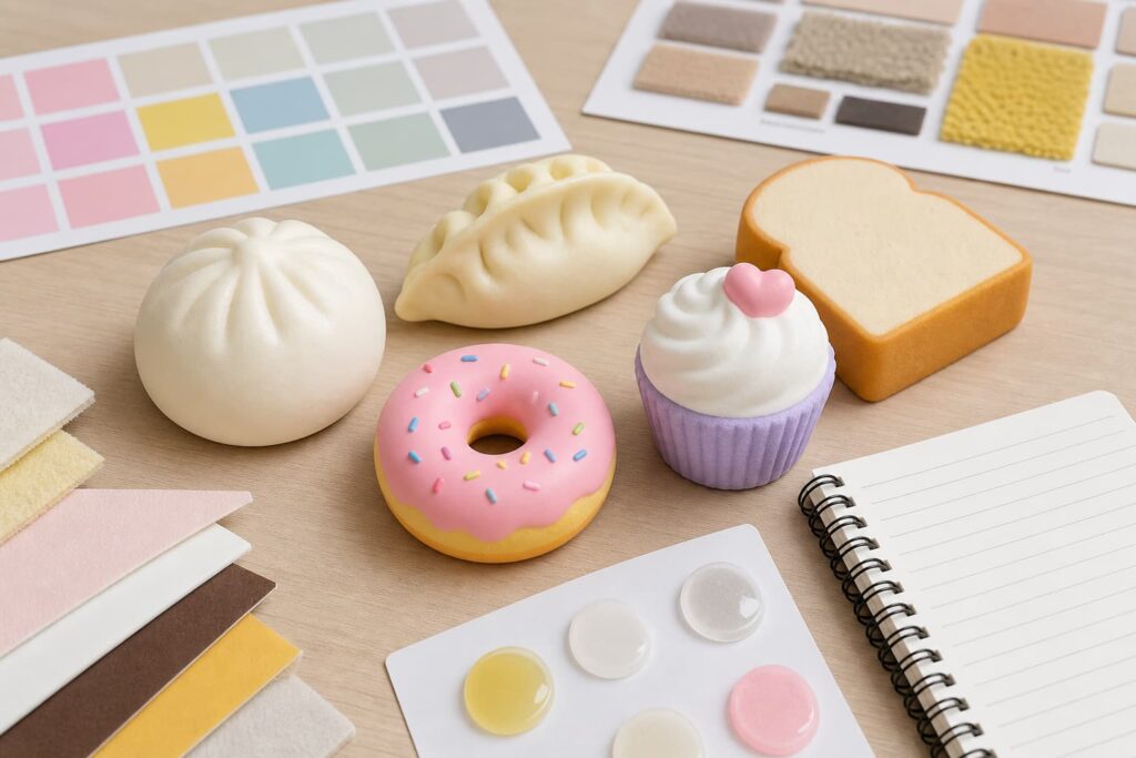 Food squishy toys wholesale assortment with buns, dumplings, donuts, cupcakes, bread, and ice cream