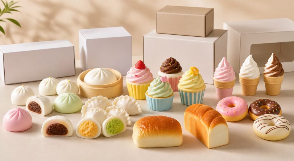 Food squishy toys wholesale assortment with buns, dumplings, donuts, cupcakes, bread, and ice cream