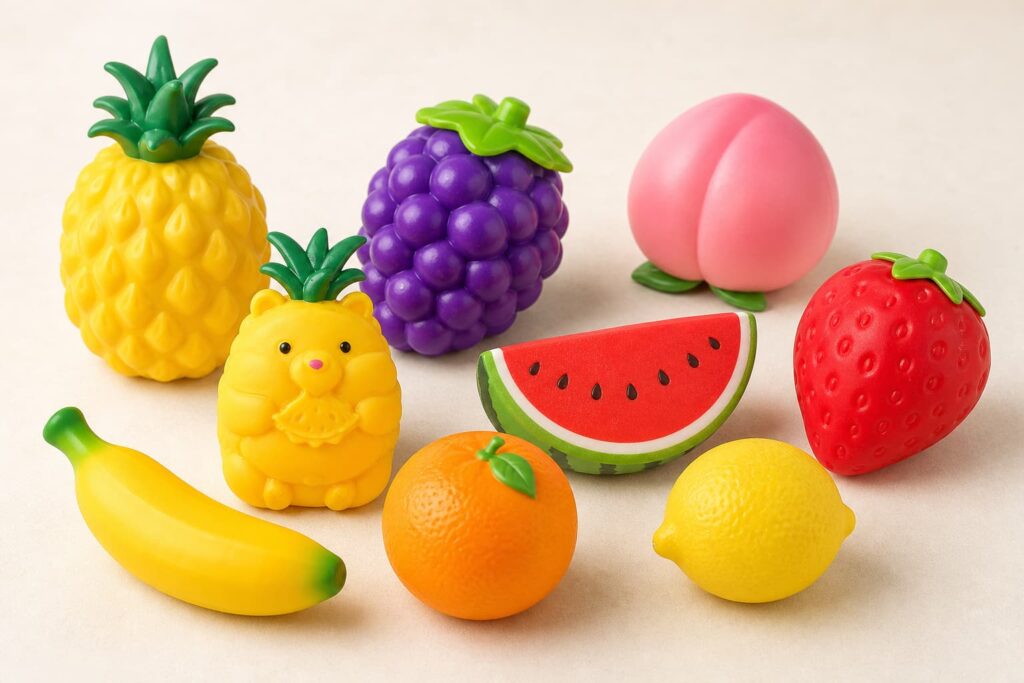Fruit squishy toys assortment with pineapple strawberry peach grape watermelon banana orange and lemon shapes