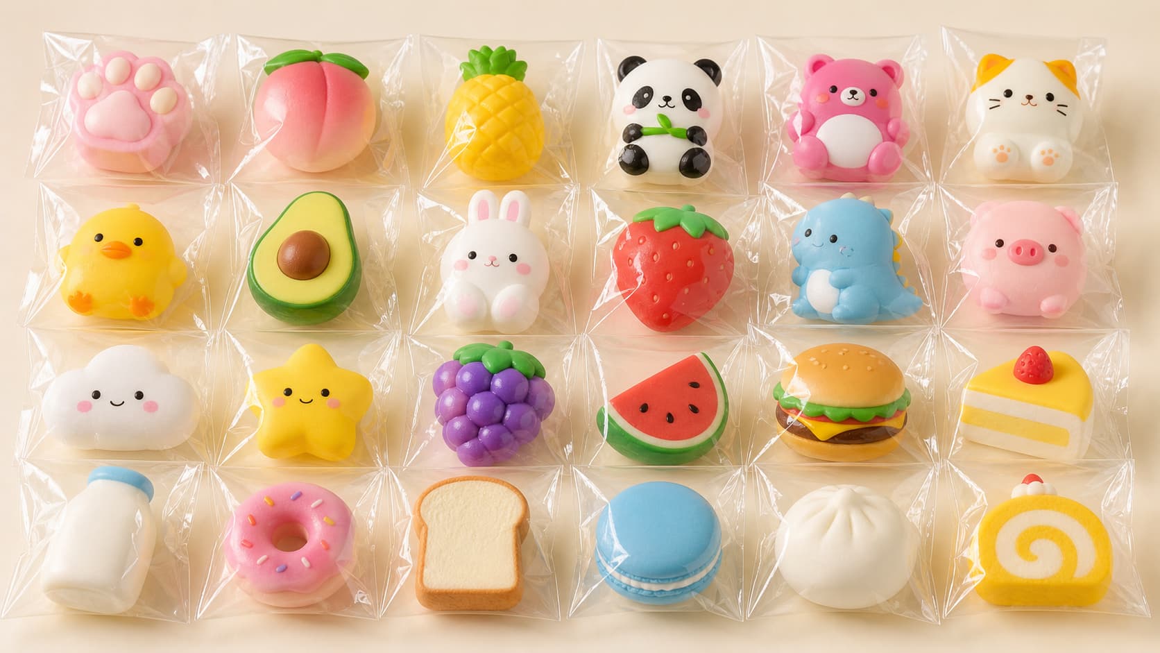 Mixed mini squishy toys arranged for a party favor assortment
