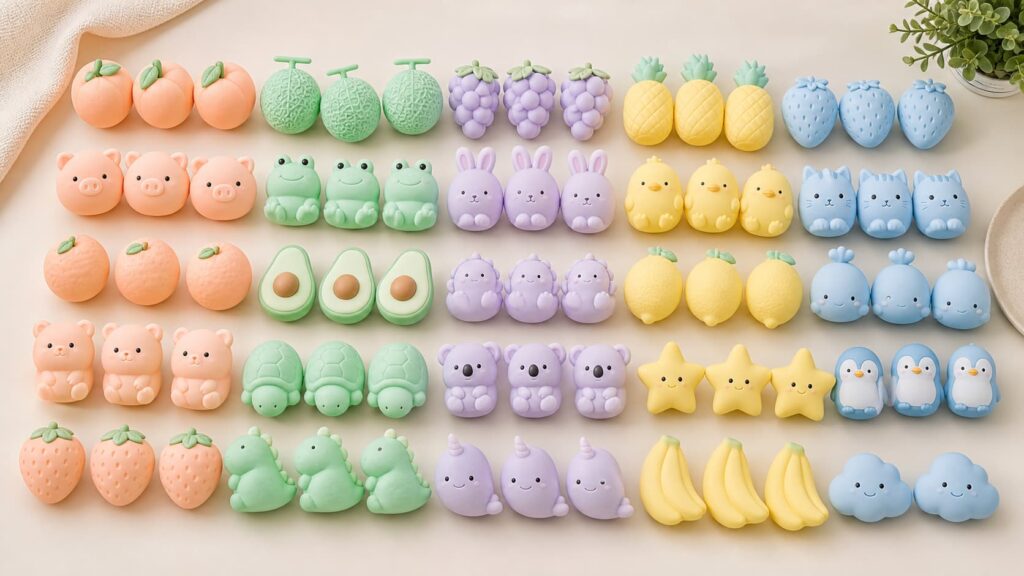 Coordinated pastel colors for a party favor squishy toy collection