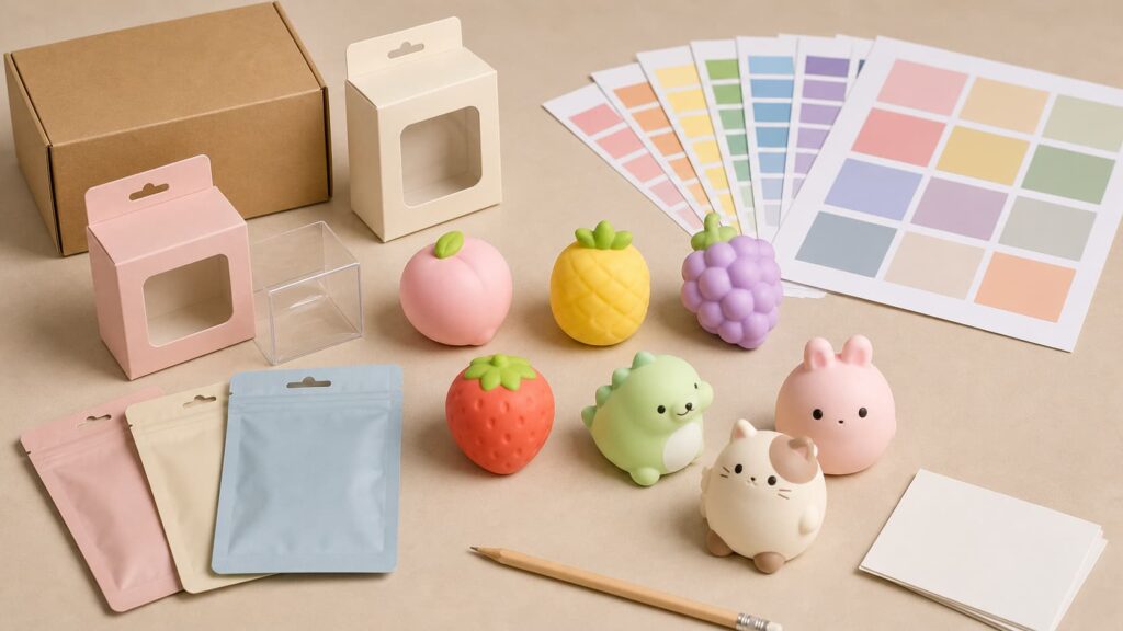 Party favor squishy toy sourcing brief with samples and packaging references