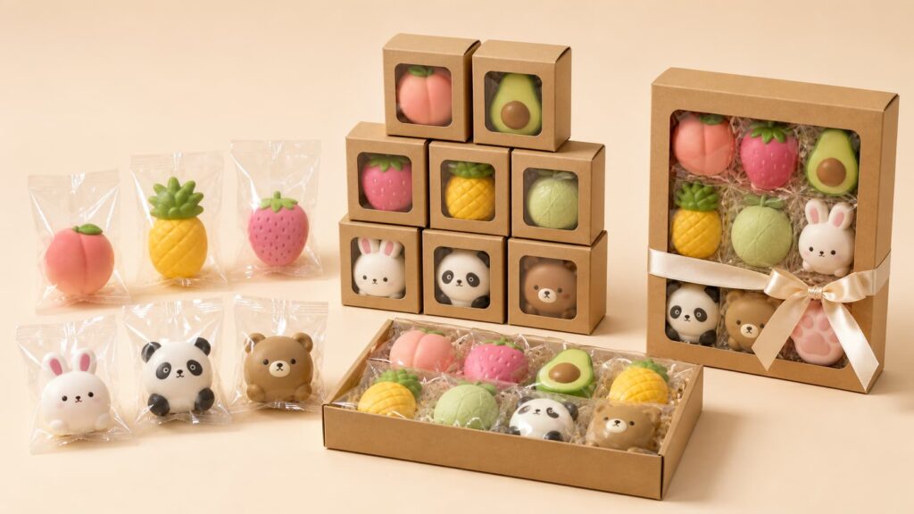 Individual packaging and display formats for party favor squishy toys