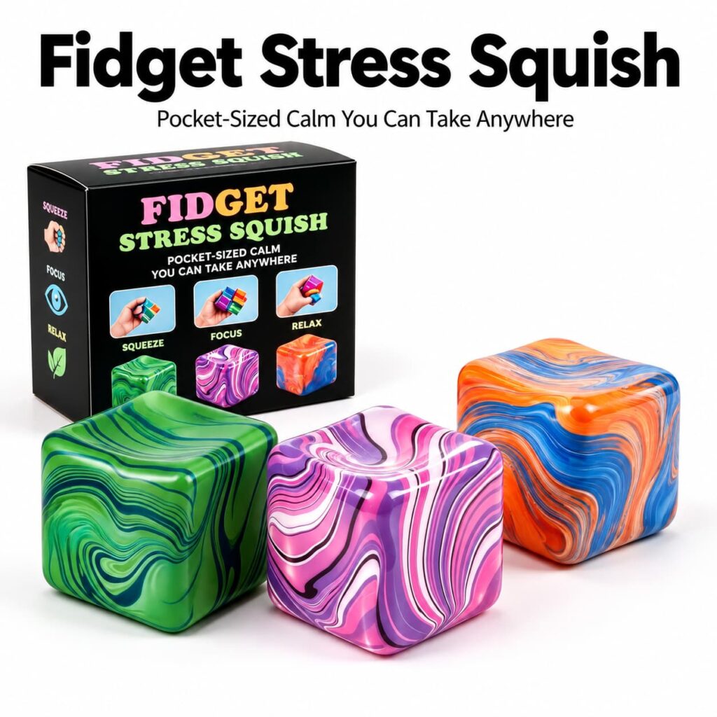 Fidget Stress Squish Cube pocket size stress relief toy with colorful marble swirl design