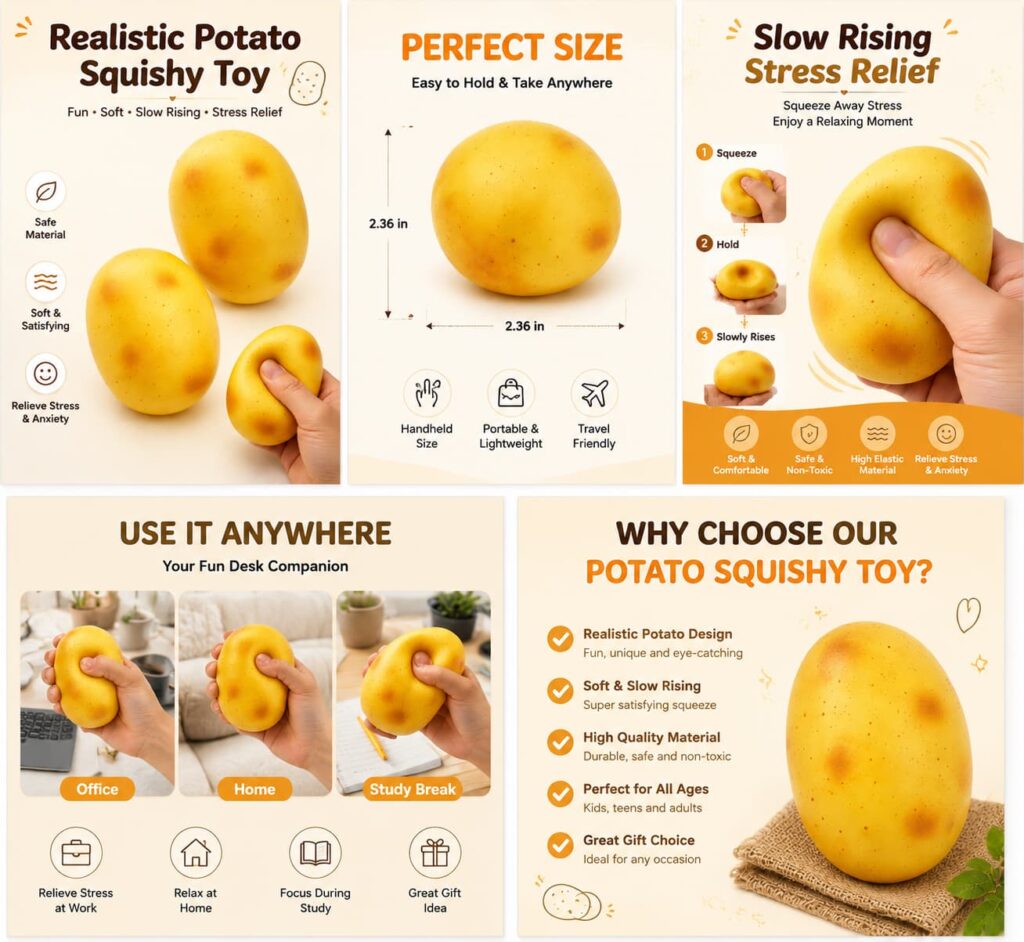 Realistic potato squishy toy size chart showing 2.36 inch dimensions and TPR material