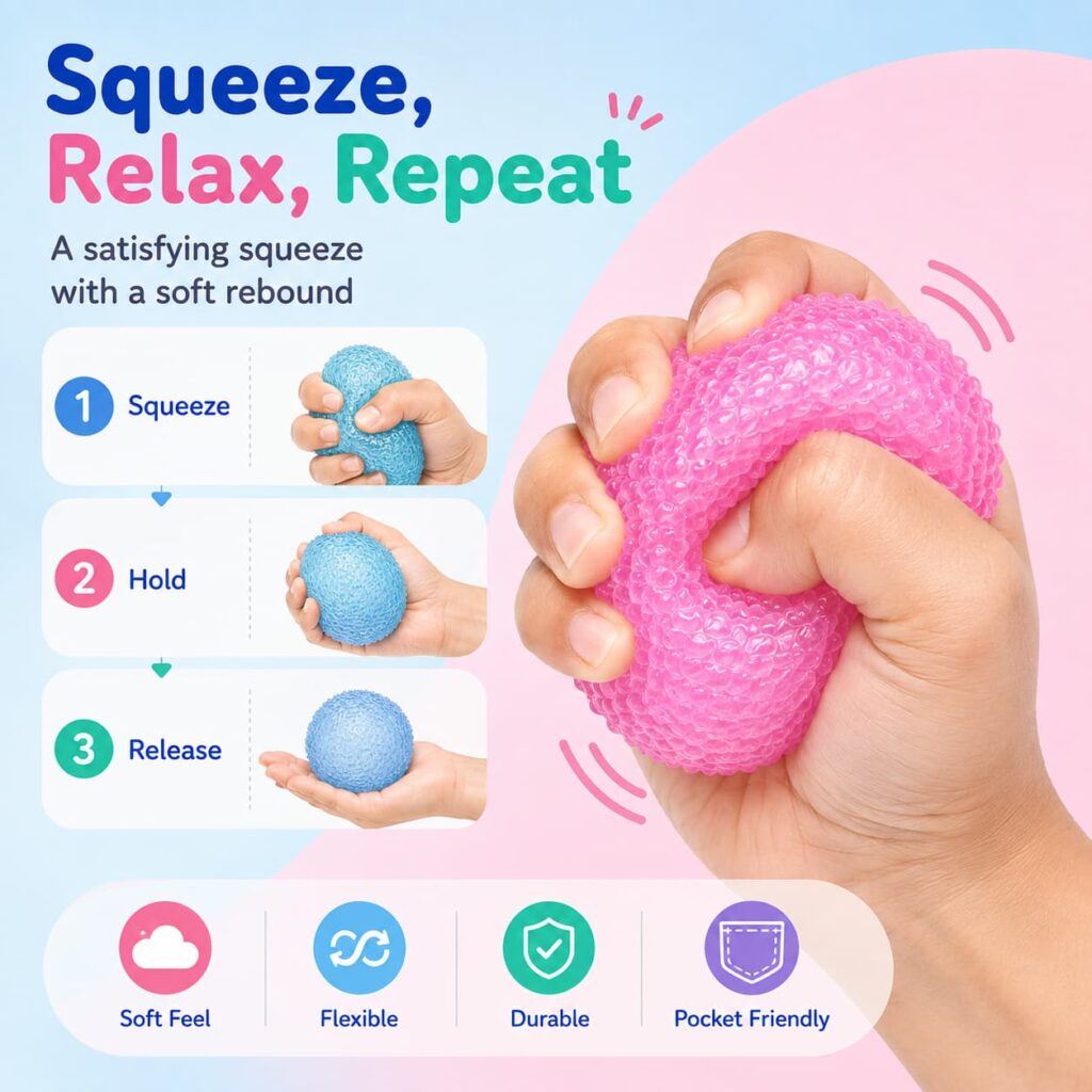 Textured sensory stress ball with colorful soft grip surface for stress relief