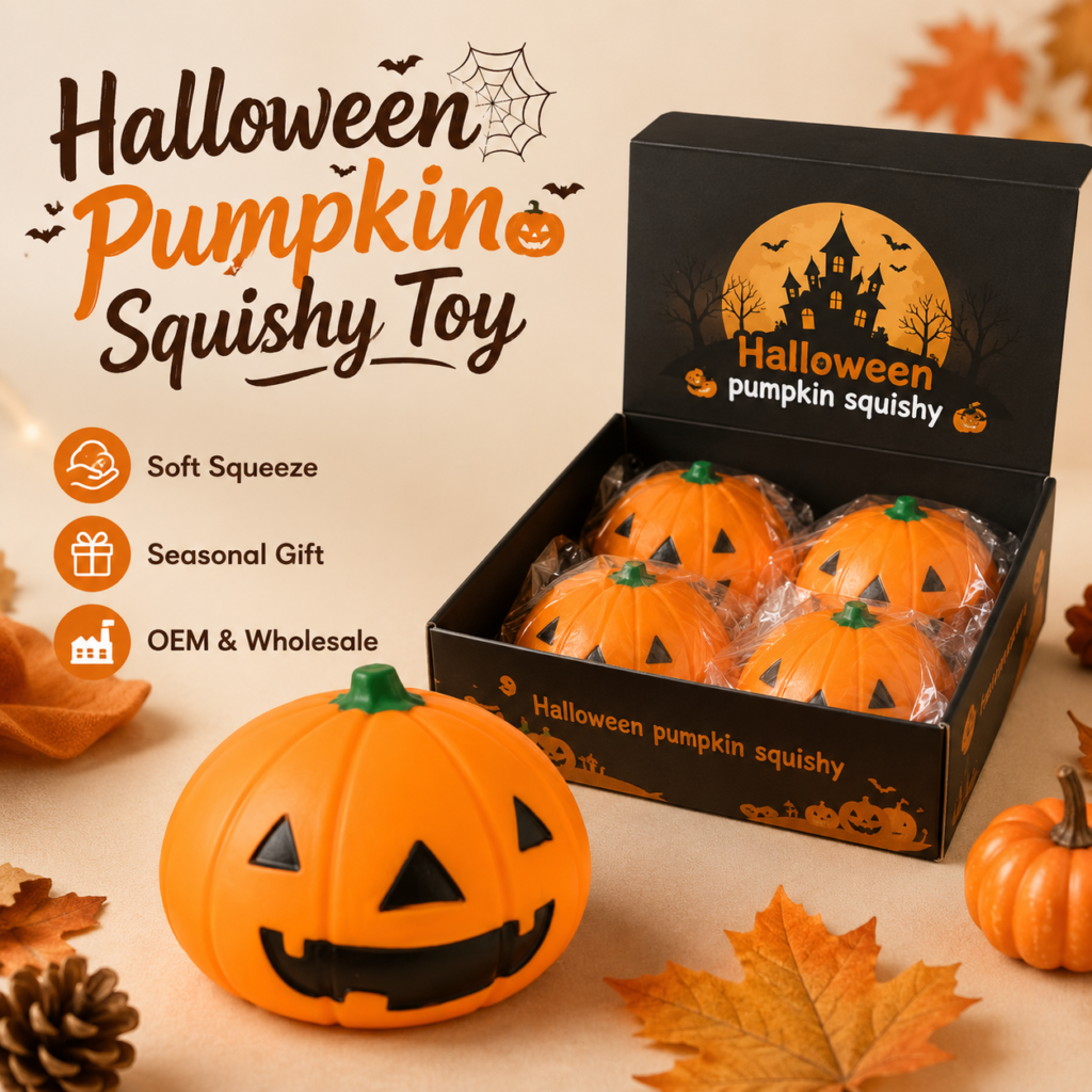 Halloween Pumpkin Squishy Toy This Halloween pumpkin squishy toy is designed with a classic jack-o’-lantern look and a soft, squeezable texture. It is a fun seasonal stress relief toy for Halloween promotions, gift shops, toy retailers, and wholesale buyers. Product Features Cute pumpkin shape with Halloween theme Soft and satisfying squeeze feel Suitable for stress relief and sensory play Great for holiday gifts and seasonal sales OEM and wholesale service available Custom packaging supported Applications Suitable for Halloween gift shops, toy stores, online retailers, seasonal promotions, party favors, and wholesale distribution. Customization We support OEM/ODM service, custom packaging, logo printing, and bulk orders for wholesale customers.