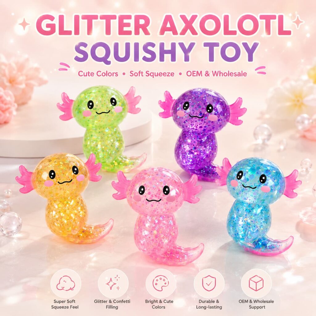 Glitter Axolotl Squishy Toy in multiple colors, soft sensory stress relief toy for wholesale