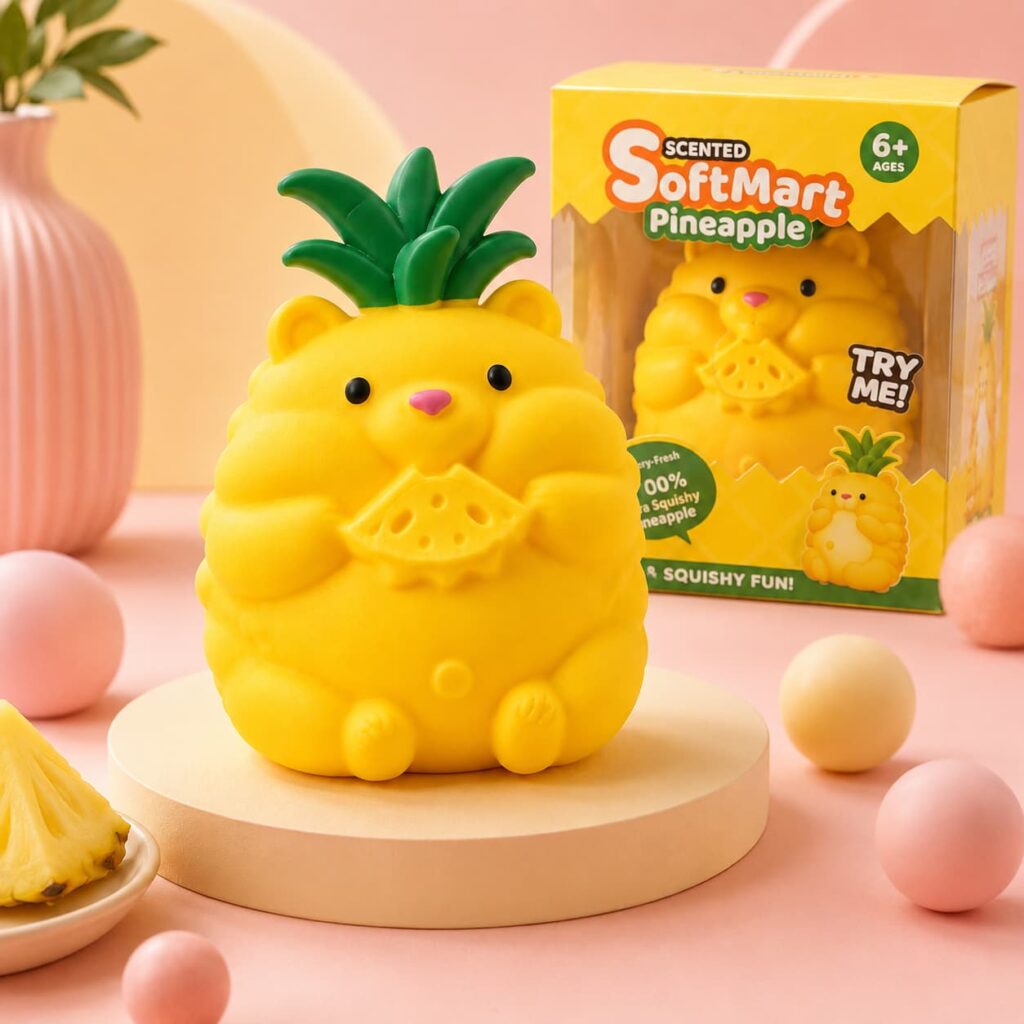 Scented pineapple bear squishy toy with retail packaging