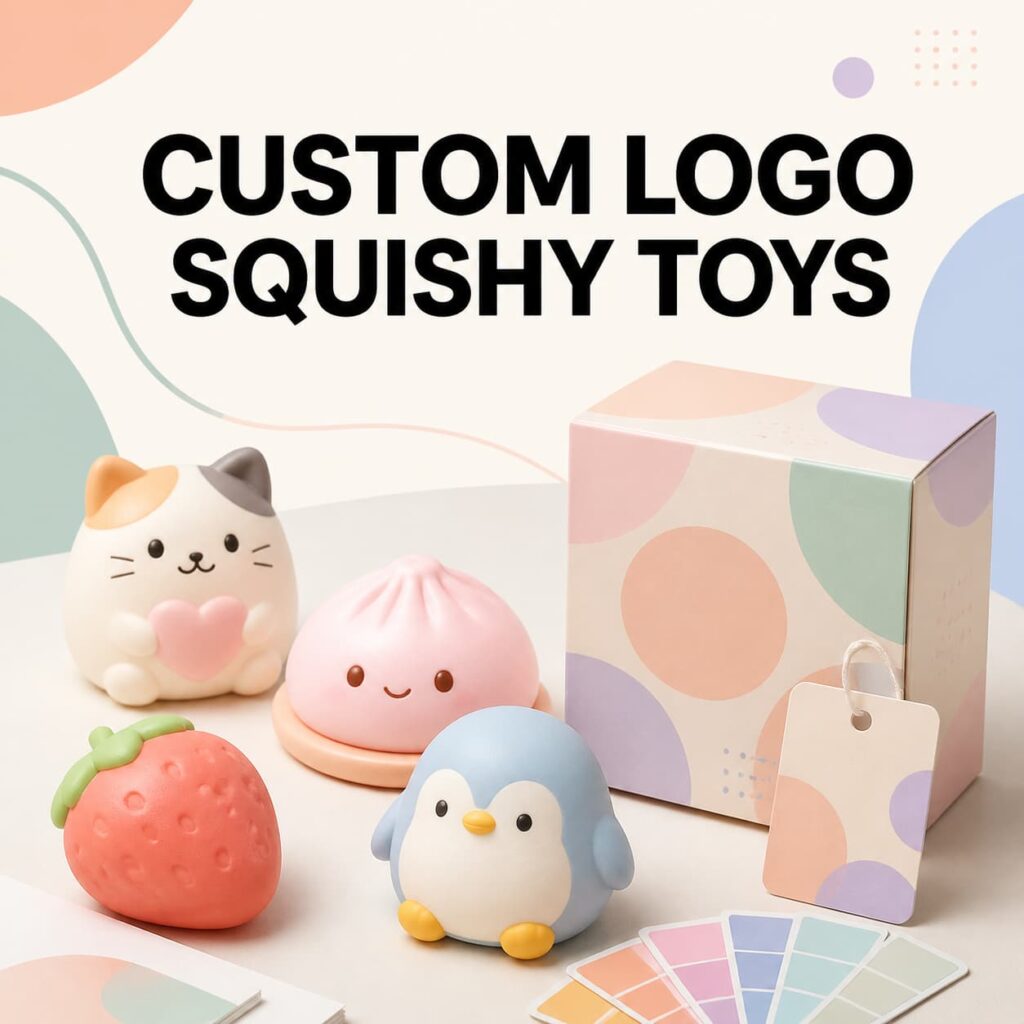 Custom logo squishy toys with pastel samples tags and private-label packaging