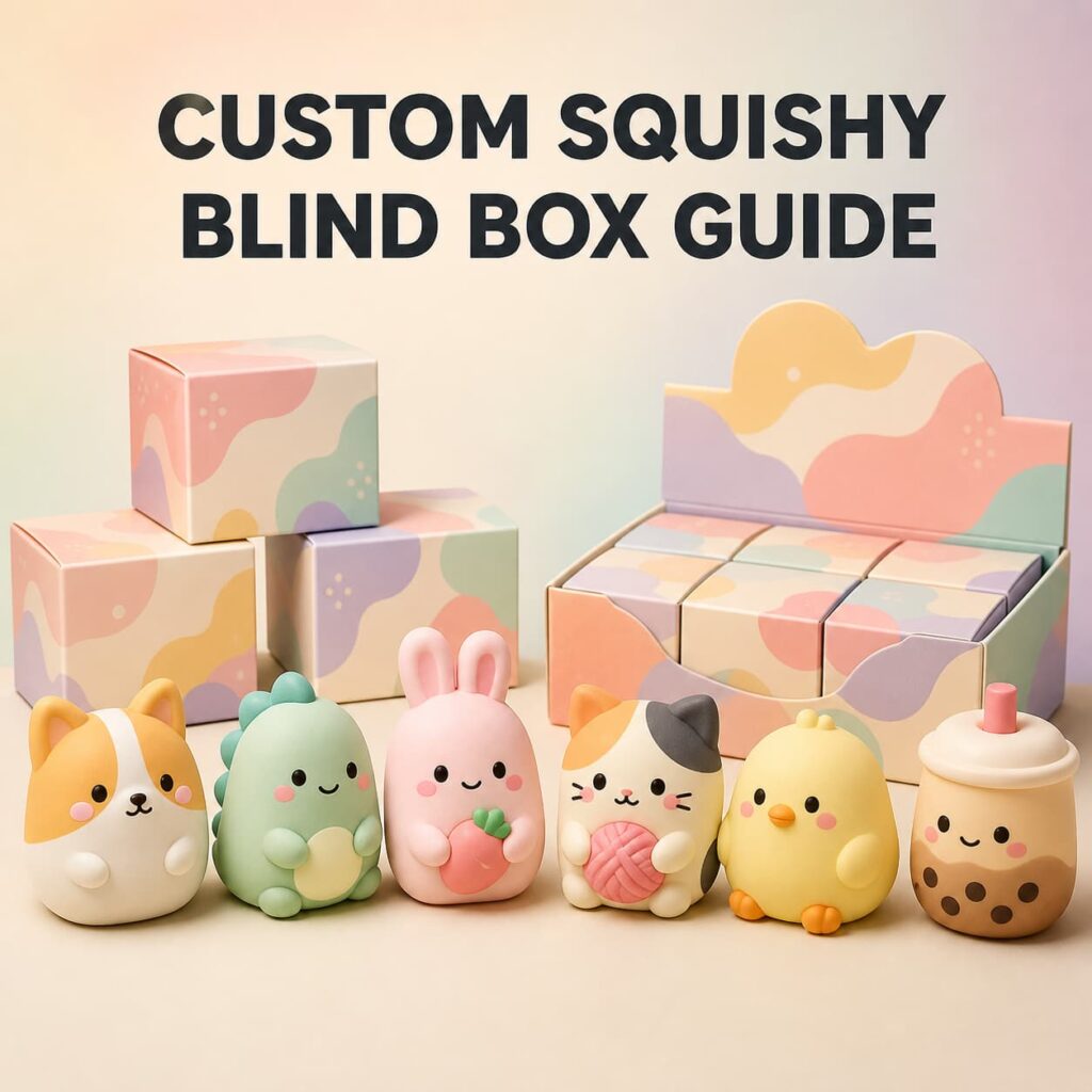 Custom squishy blind box series with collectible characters and retail display packaging