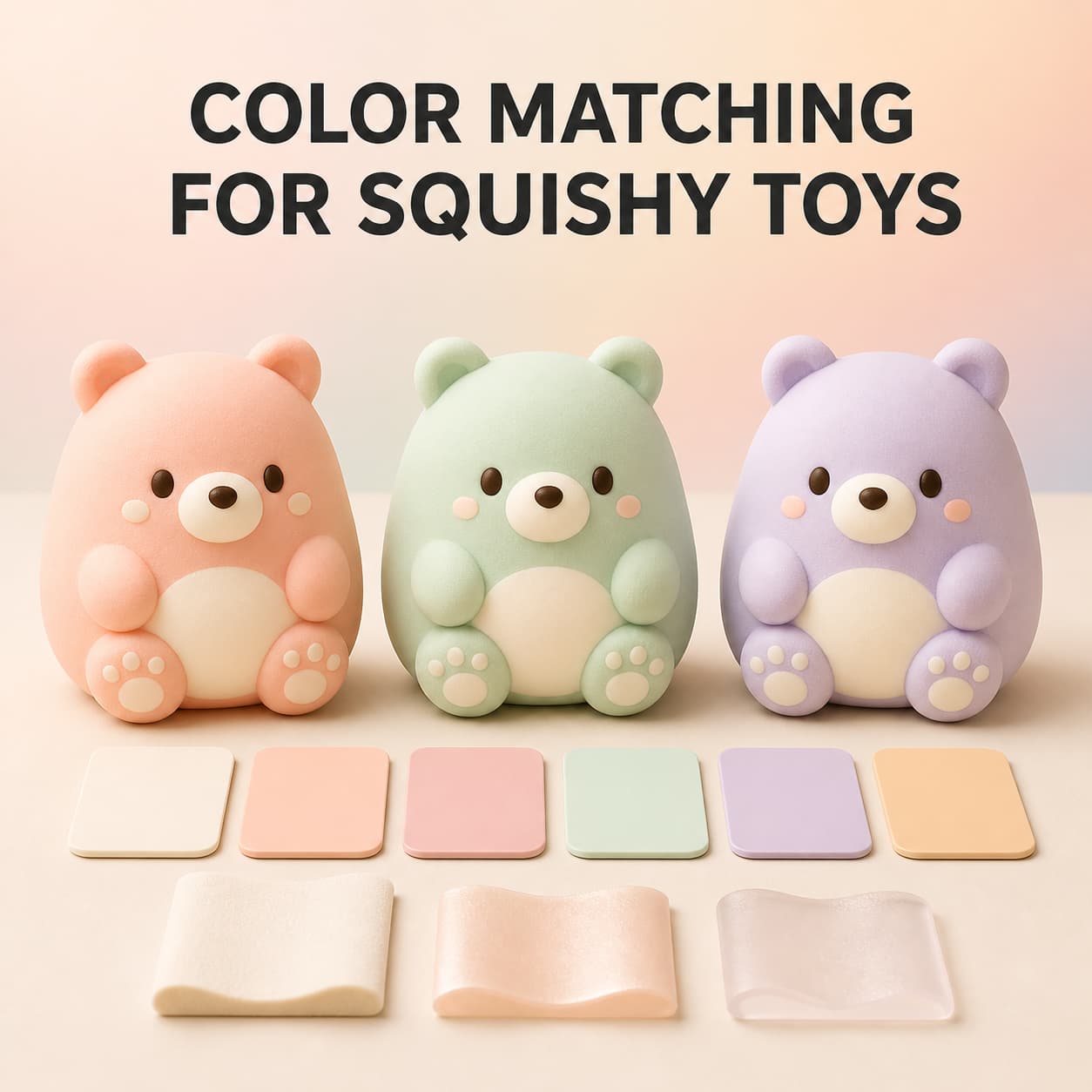 Custom squishy toy color matching samples with physical color and finish references