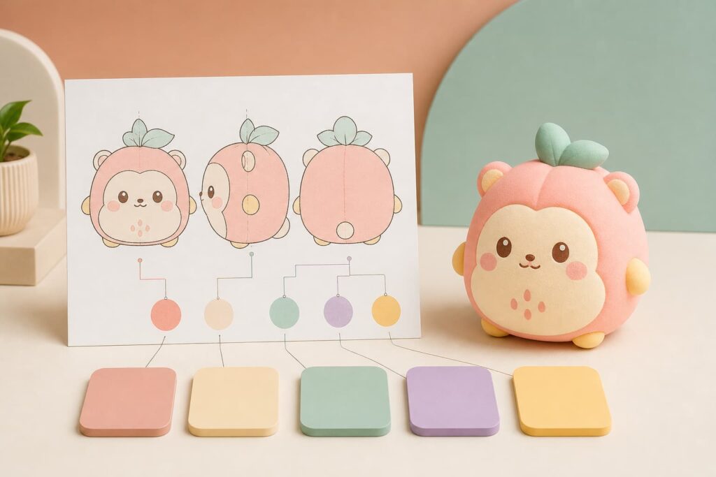 Custom squishy toy color zones planned from front side and back views