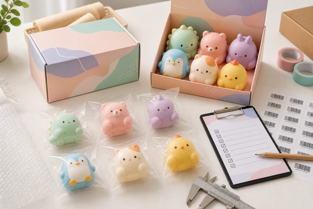 Comparison of foam gel-feel glossy and glitter squishy toy materials