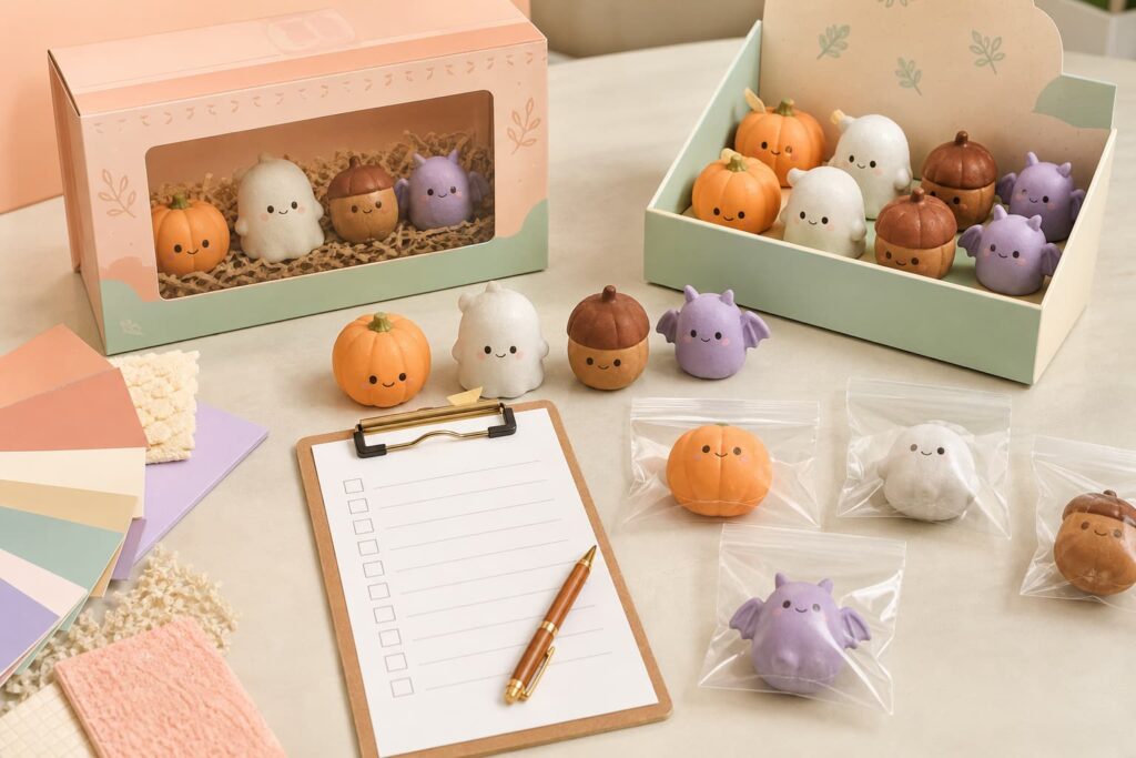 Seasonal squishy toy samples reviewed with color references retail packaging and display tray