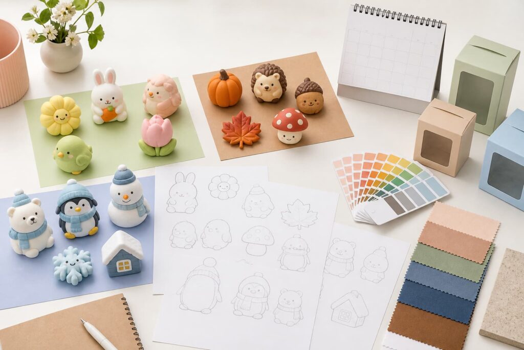 Seasonal squishy toys packed in retail displays and cartons for launch preparation