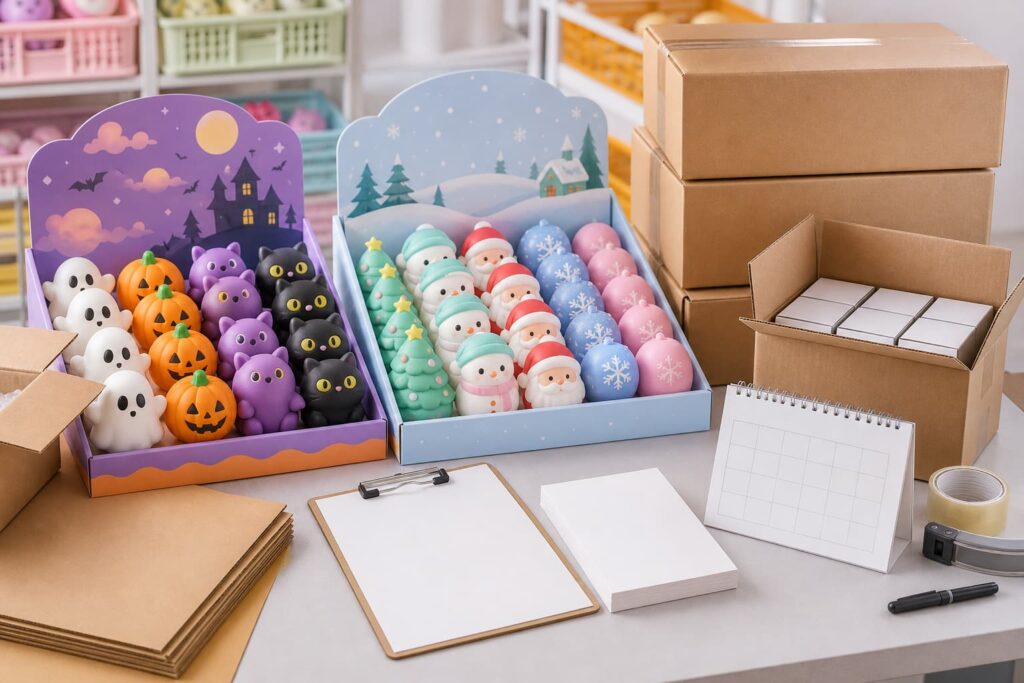 Seasonal squishy toy samples with sketches color swatches packaging references and calendar