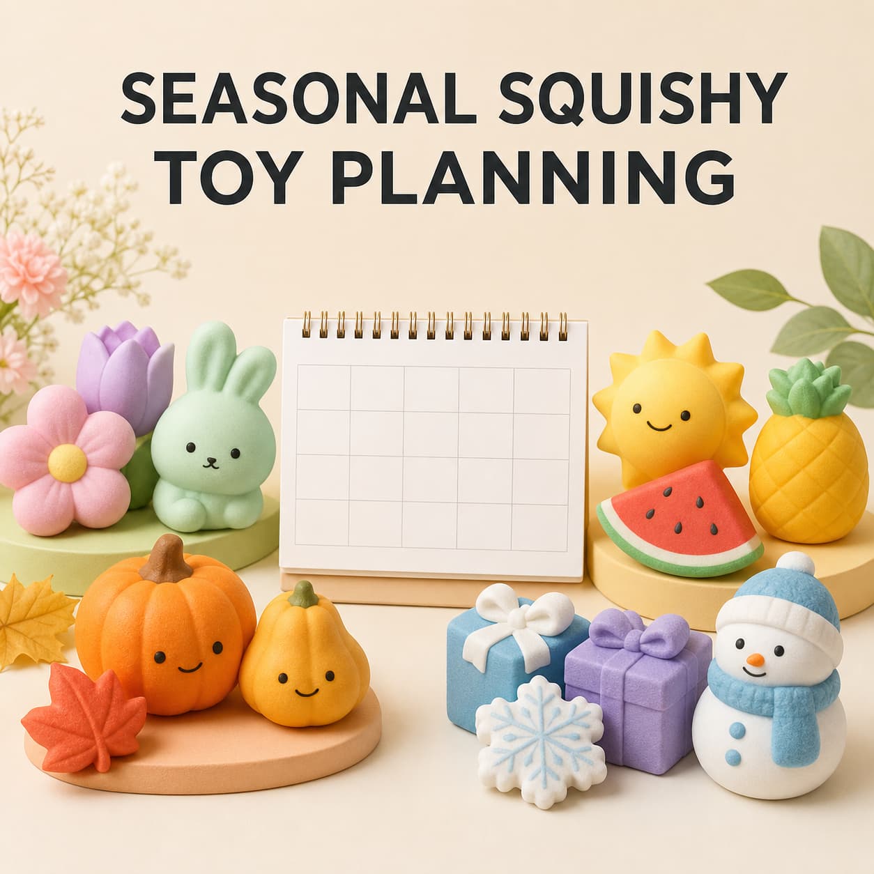 Seasonal squishy toy collection arranged around a wholesale project planning calendar