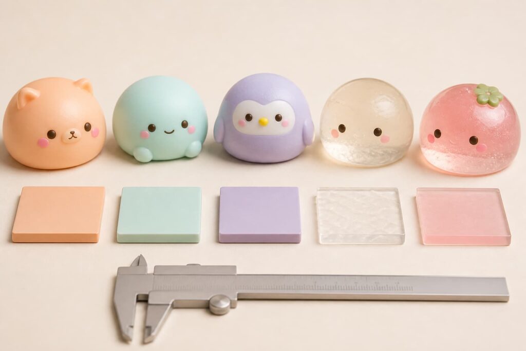 Custom mochi squishy design assortment with pastel color references and shape concepts