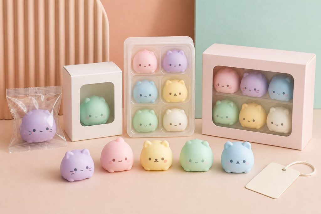 Mochi squishy material and tactile finish samples for wholesale evaluation