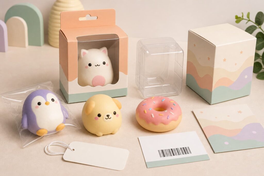 Custom squishy toy logo samples undergoing buyer-side handling and visual inspection