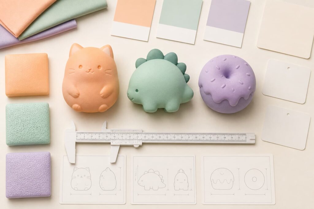Logo print areas compared on PU foam, TPR and mochi-style squishy toy samples