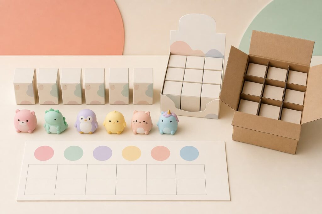 Squishy blind box assortment linked to sealed boxes display carton and master carton