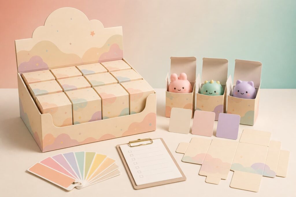 Custom squishy blind box characters planned with shared shapes colors and expressions