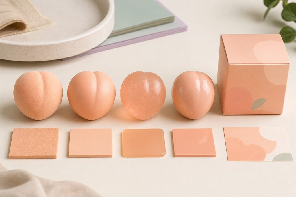 Peach color compared across PU foam translucent elastomer matte and glossy finishes
