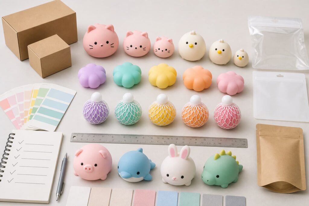 Pastel squishy toys arranged in a countertop retail display with individual packaging