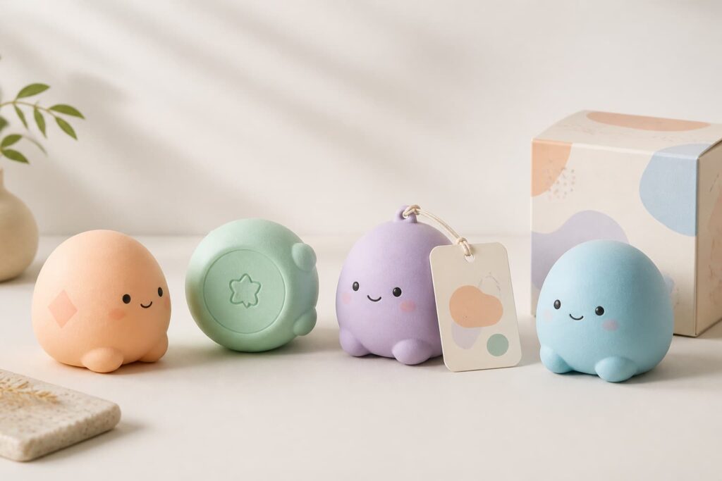 Custom squishy toy branding options including surface mark molded symbol hang tag and retail box