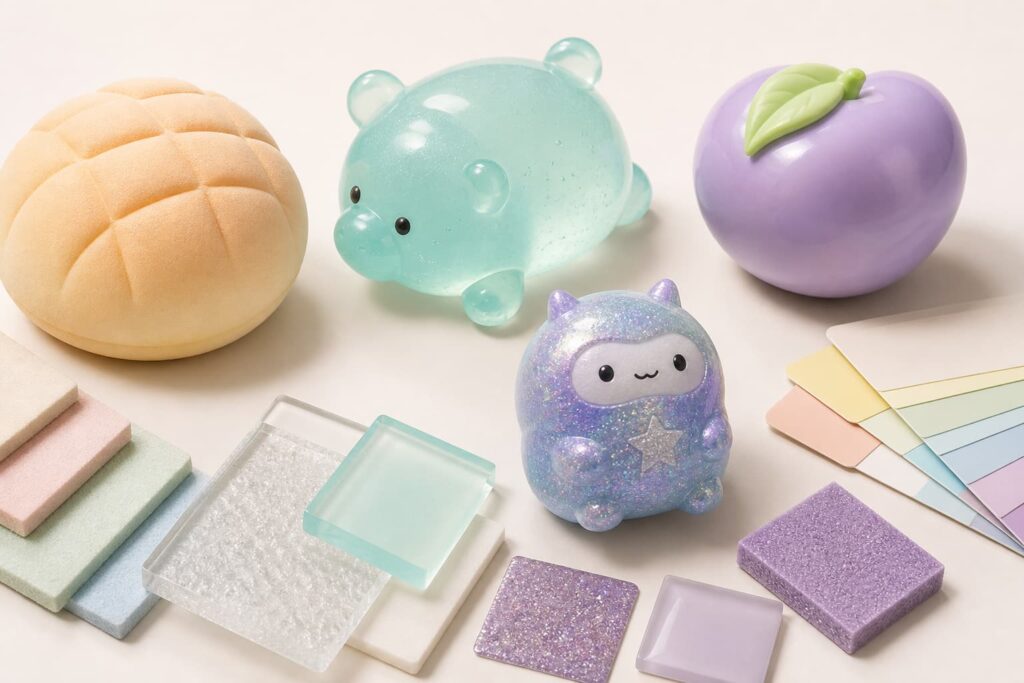 Custom squishy toys with retail packaging labels and quality inspection tools