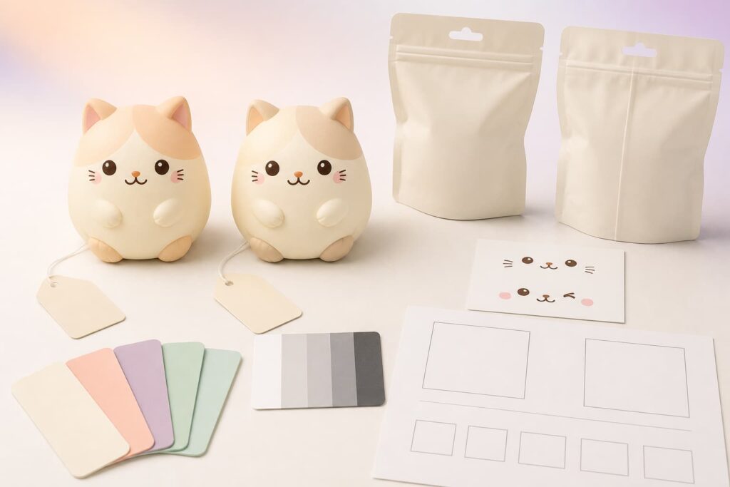 Custom squishy toy physical color samples reviewed with packaging and reference chips