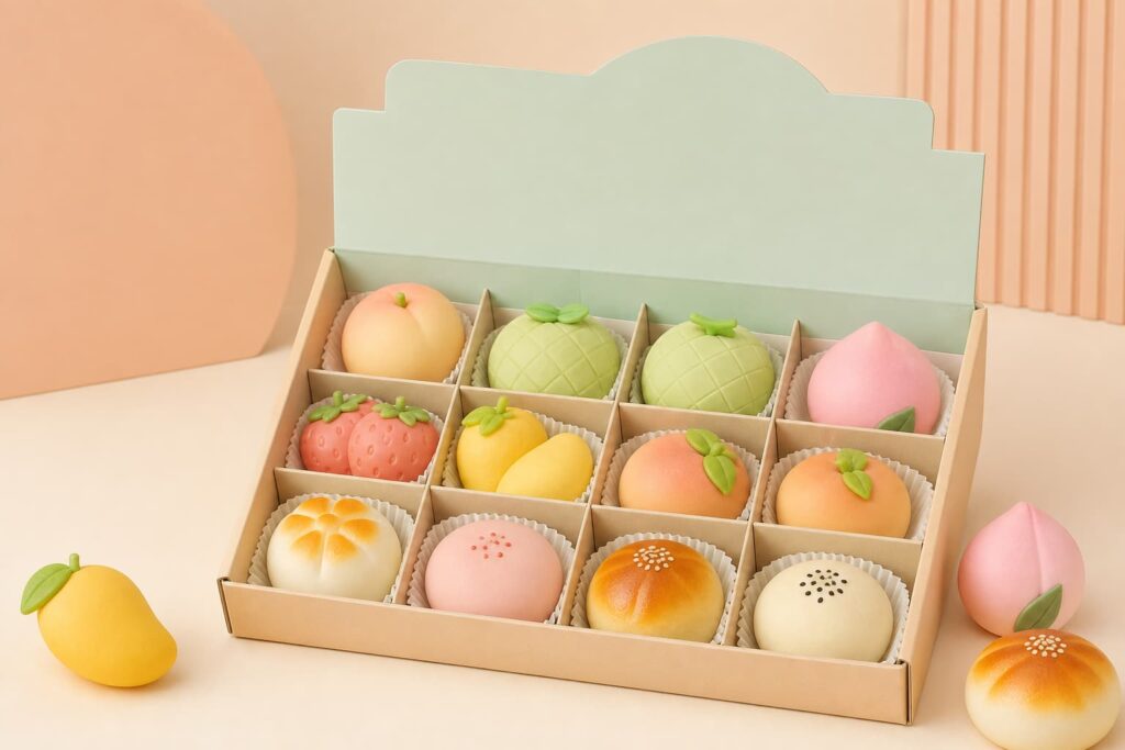 Custom squishy toys arranged in an unbranded gift box