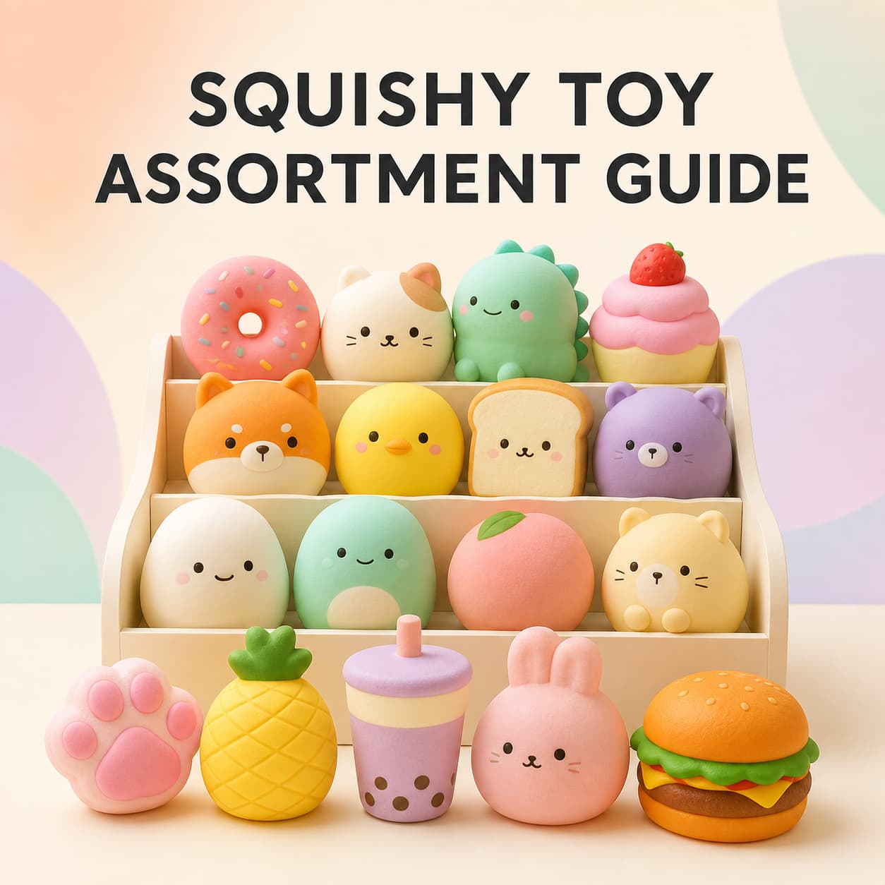 Wholesale squishy toy assortment displayed in coordinated pastel retail collection