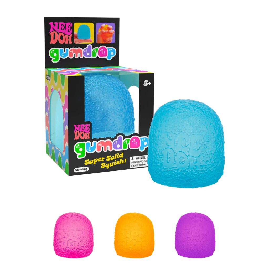 Textured sensory squish toy in blue pink orange and purple colors