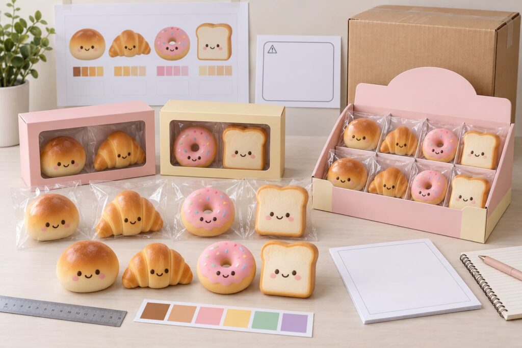 Bakery squishy sample approval with buns, croissants, donuts and toast in clear bags, window boxes and countertop display