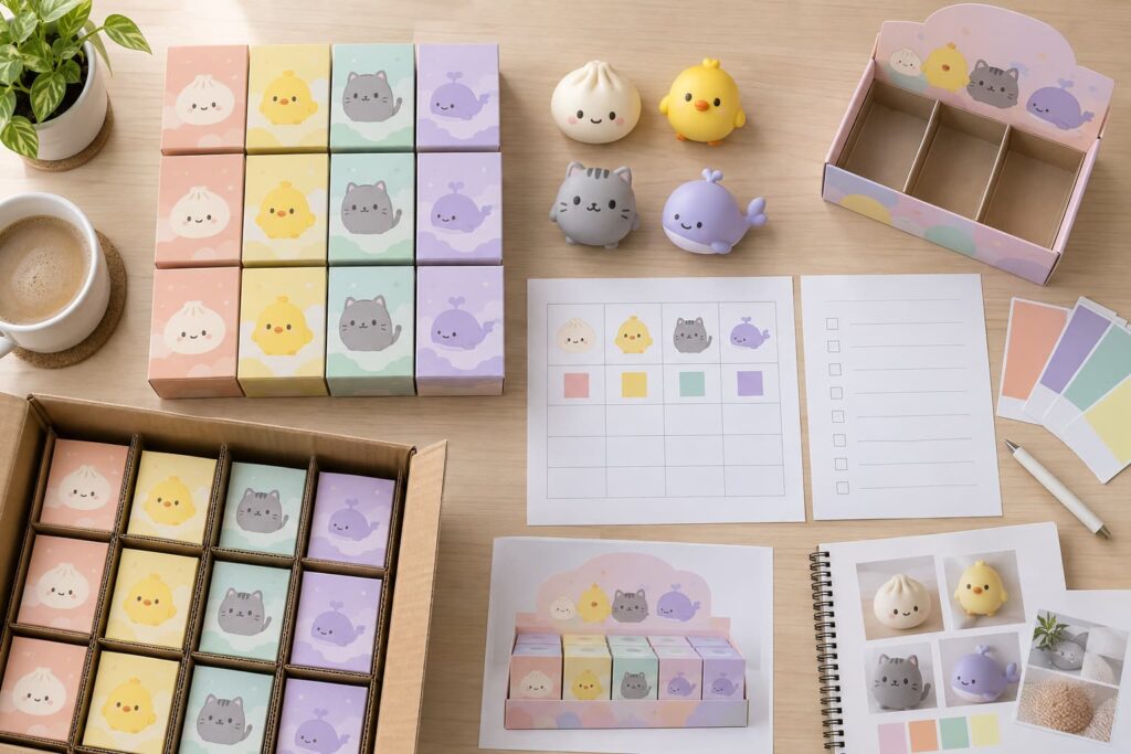 Squishy blind box assortment matrix display tray and divided master carton for wholesale planning