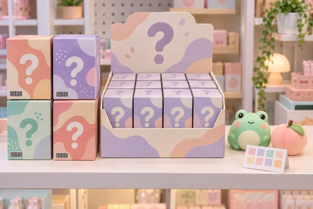 Individual squishy blind boxes beside a twelve-count countertop retail display carton