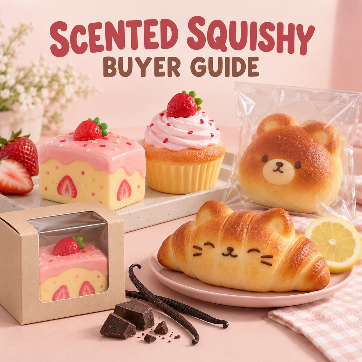 Custom scented squishy toys buyer guide with strawberry cake, cupcake, bear bread and cat croissant PU foam samples