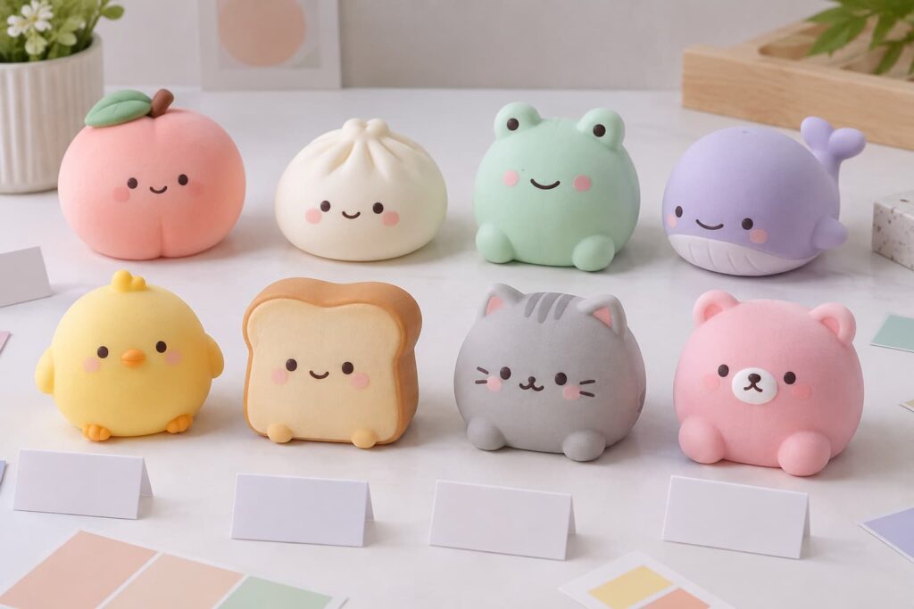 Eight custom mochi squishy blind box character samples arranged for buyer review