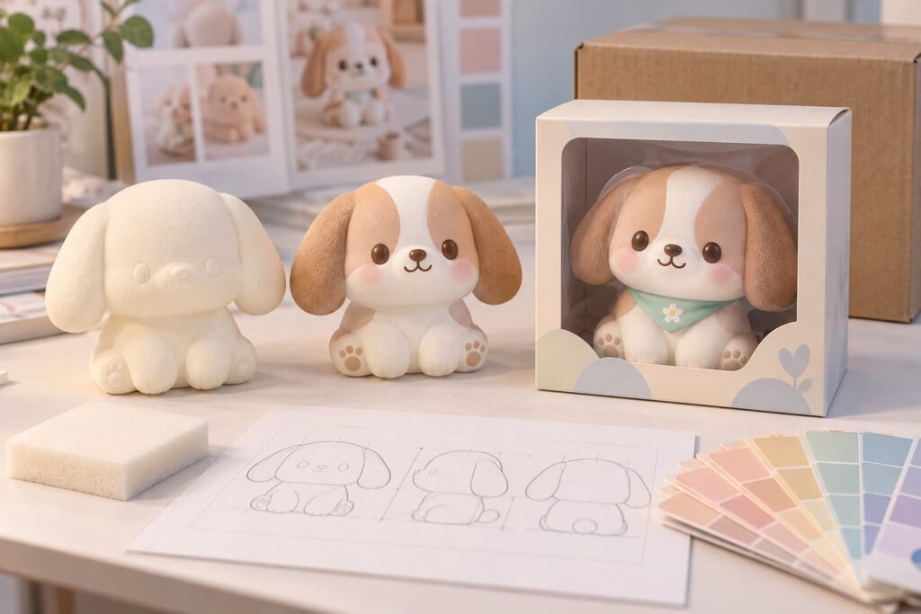 Private label squishy toy packaging options including bags, header cards, window box and display tray`
