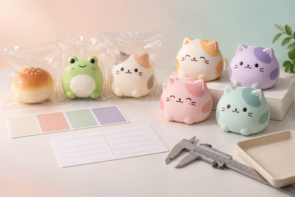 Stock squishy toy shapes compared with custom color options for wholesale quotation planning`
