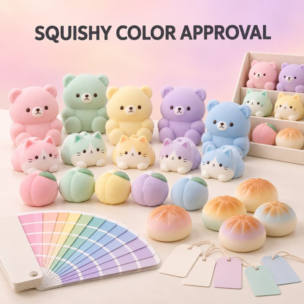Custom squishy toy color matching guide with pastel animal, peach and bread samples beside physical color swatches