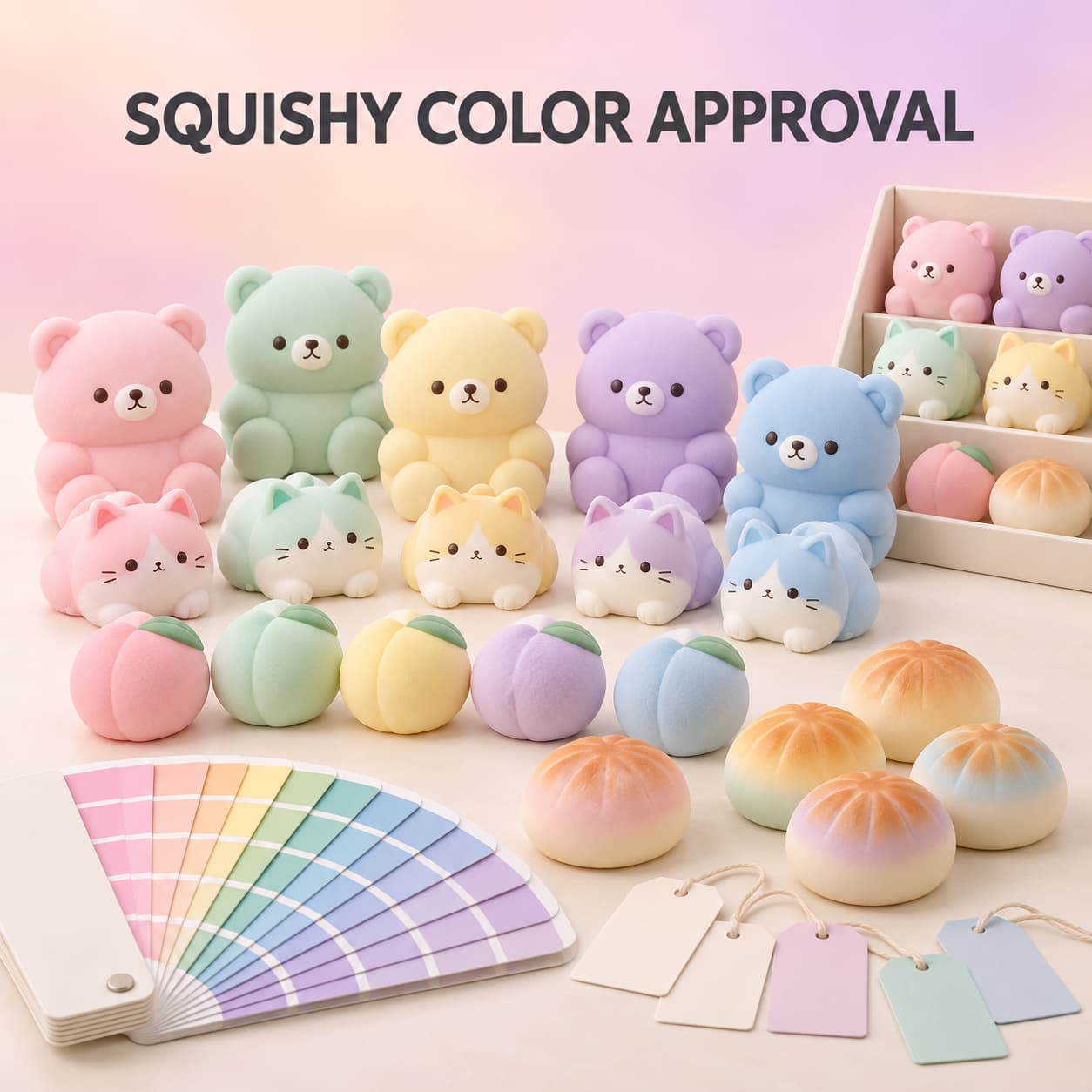 Custom squishy toy color matching guide with pastel animal, peach and bread samples beside physical color swatches