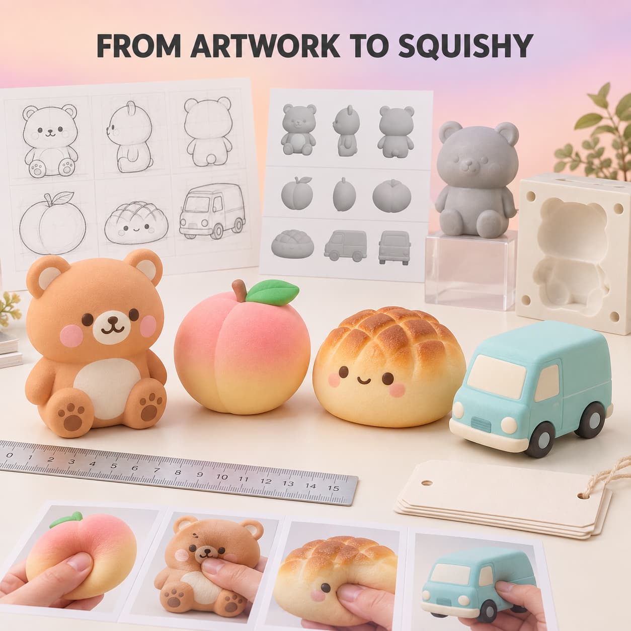Custom squishy toy mold design guide showing artwork, 3D prototype, mold and finished bear, peach, bread and van samples