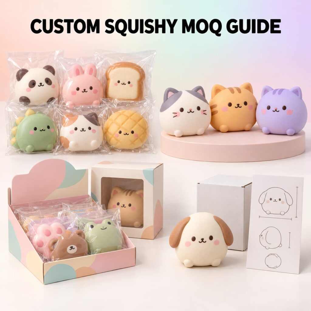 Custom squishy toy MOQ guide showing stock products, color options, private label packaging and a new mold sample`